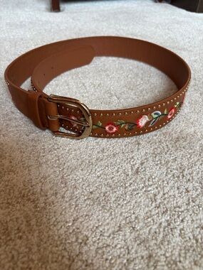 Brown Floral Embroidered Women's Leather Belt